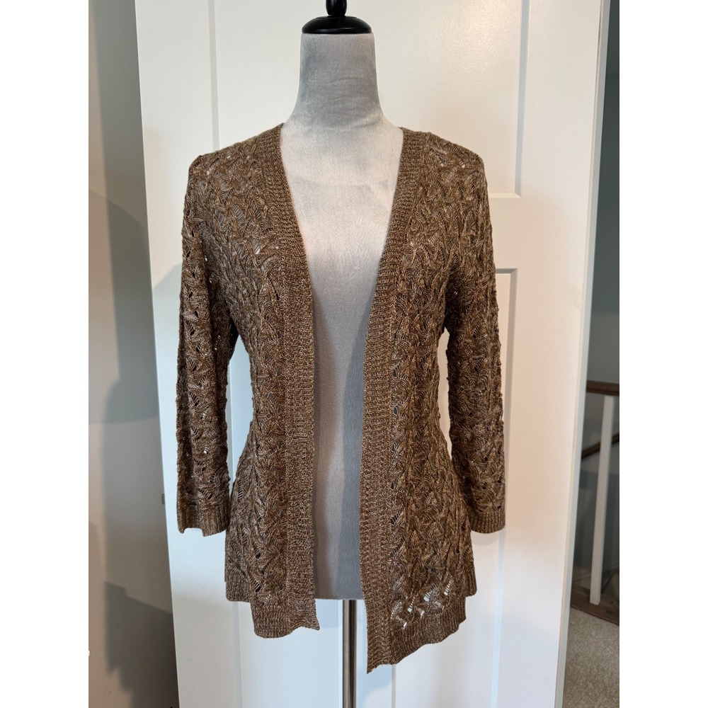 Fresh Boho Bronze Brown Open Knit Crochet Cardigan Metallic Shimmer 3/4 Sleeve m
